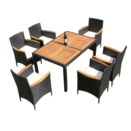 Outdoor Patio Wicker Dining Set With Acacia Wood Top