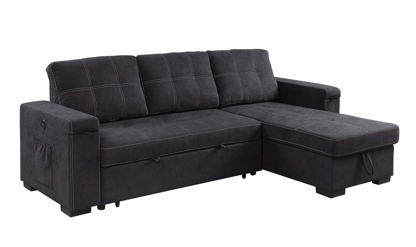 Toby - Woven Fabric Reversible Sleeper Sectional Sofa With Storage Chaise Cup Holder Charging Ports And Pockets
