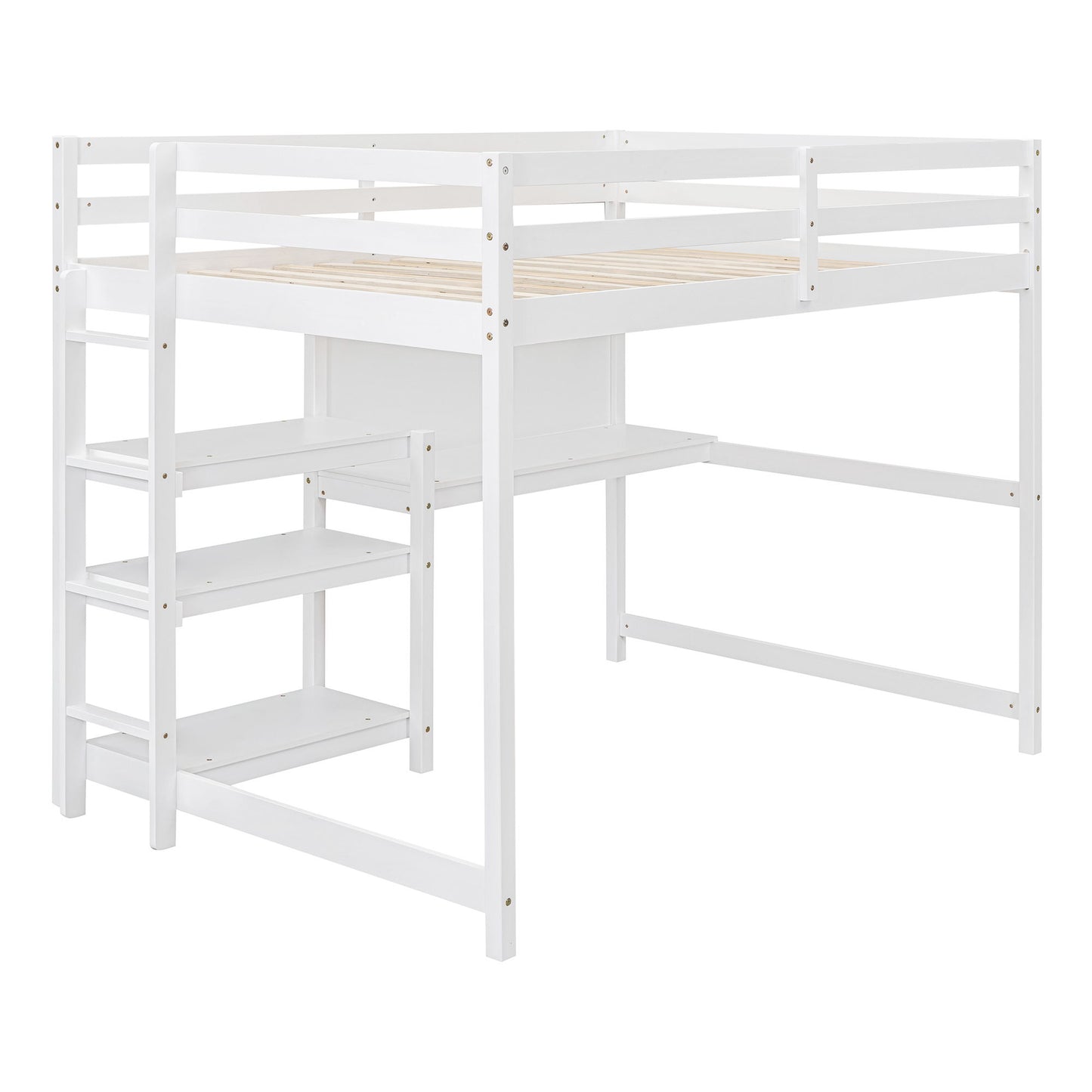 Full Size Loft Bed With Shelves, Desk And Writing Board - White