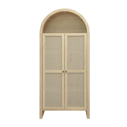 Tall Arched Kitchen Pantry, Arched Storage Display Cabinet With 2 Drawers & Adjustable Shelves, Rattan Door Versatile Storage Cabinet For Kitchen, Dining Room - Natural