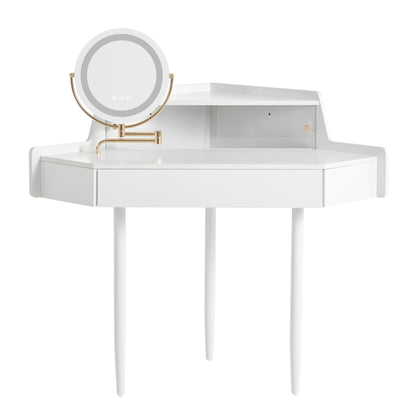 Modern Corner Makeup Vanity Desk With Large Storage, LED Mirror & Stool, Adjustable Brightness, Space Saving - White