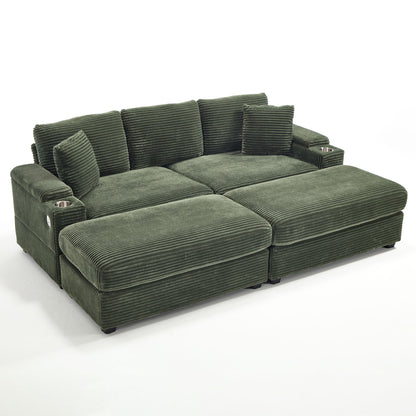 Convertible Sectional Sofa Bed Set With Armrest Storage, Cup Holder, USB, 4 Seater - Green