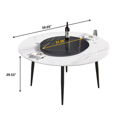 59.05" Modern Artificial Stone Round Metal Dining Table, Can Accommodate 6 People, Artificial Stone Turntable - Black / White