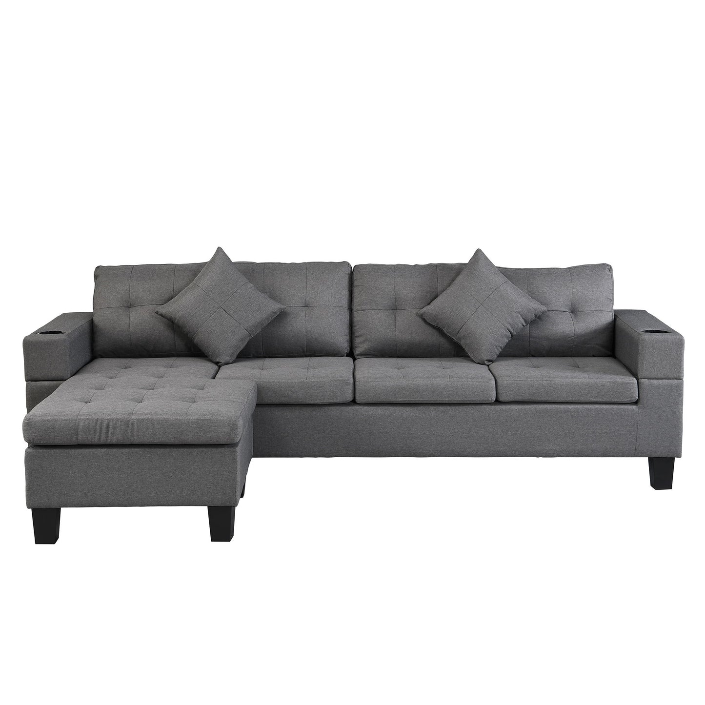 Sectional Sofa Set For Living Room With L Shape Chaise Lounge, Cup Holder And Left Or Right Hand Chaise Modern 4 Seat - Gray