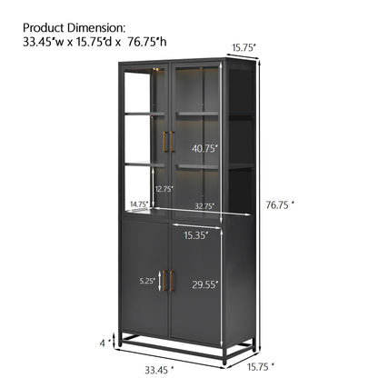 Modern Style Tall Steel Display Cabinet With Double Glass Doors, LED Lights