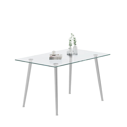 Thick Tempered Glass Top Dining Table & Stainless Steel Legs - Silver