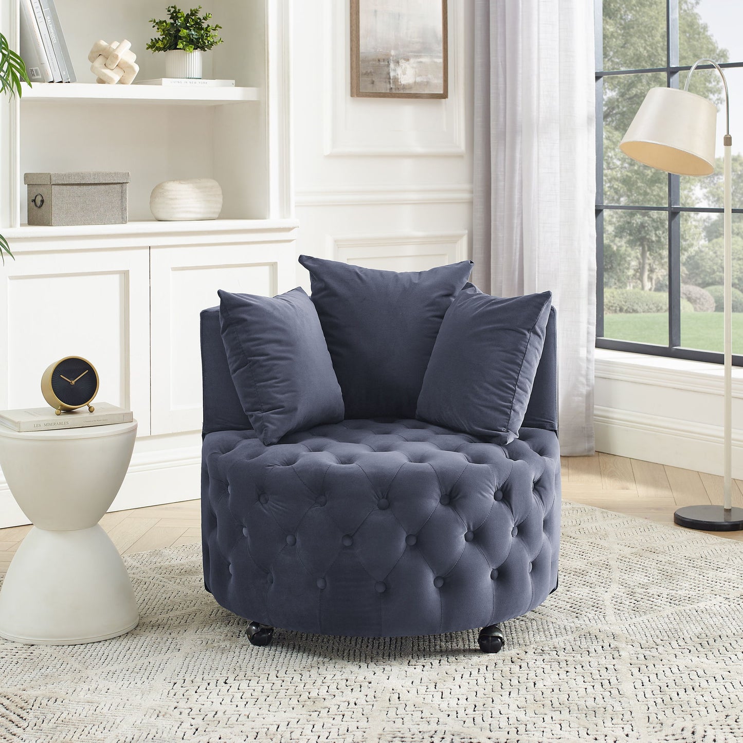 Modern Upholstered Swivel Chair With Button Tufted Design And Movable Wheels