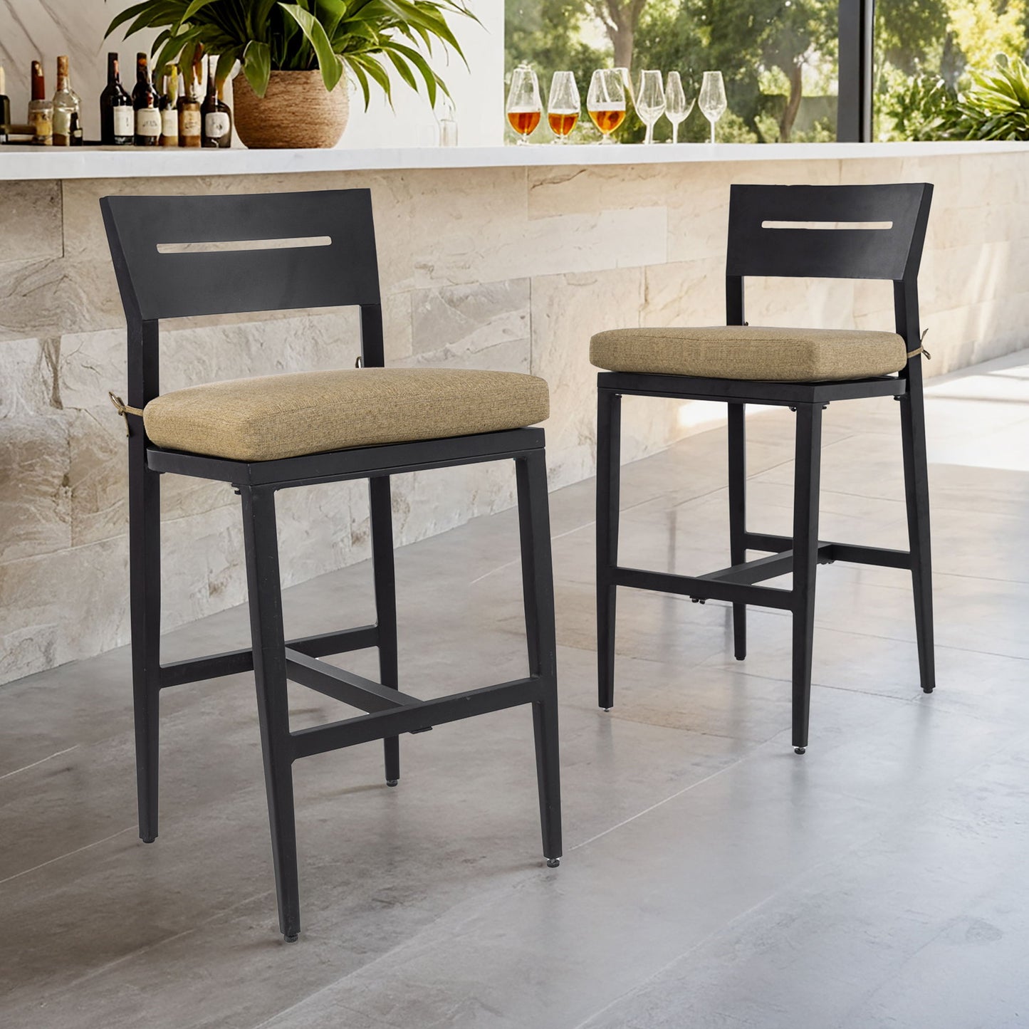 Modern Outdoor Bar Stools With Backrest And Footrest (Set of 2)
