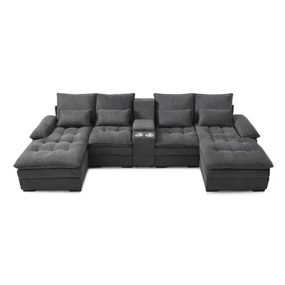 U Shaped Sofa With Console And Cupholders, 6 Seat