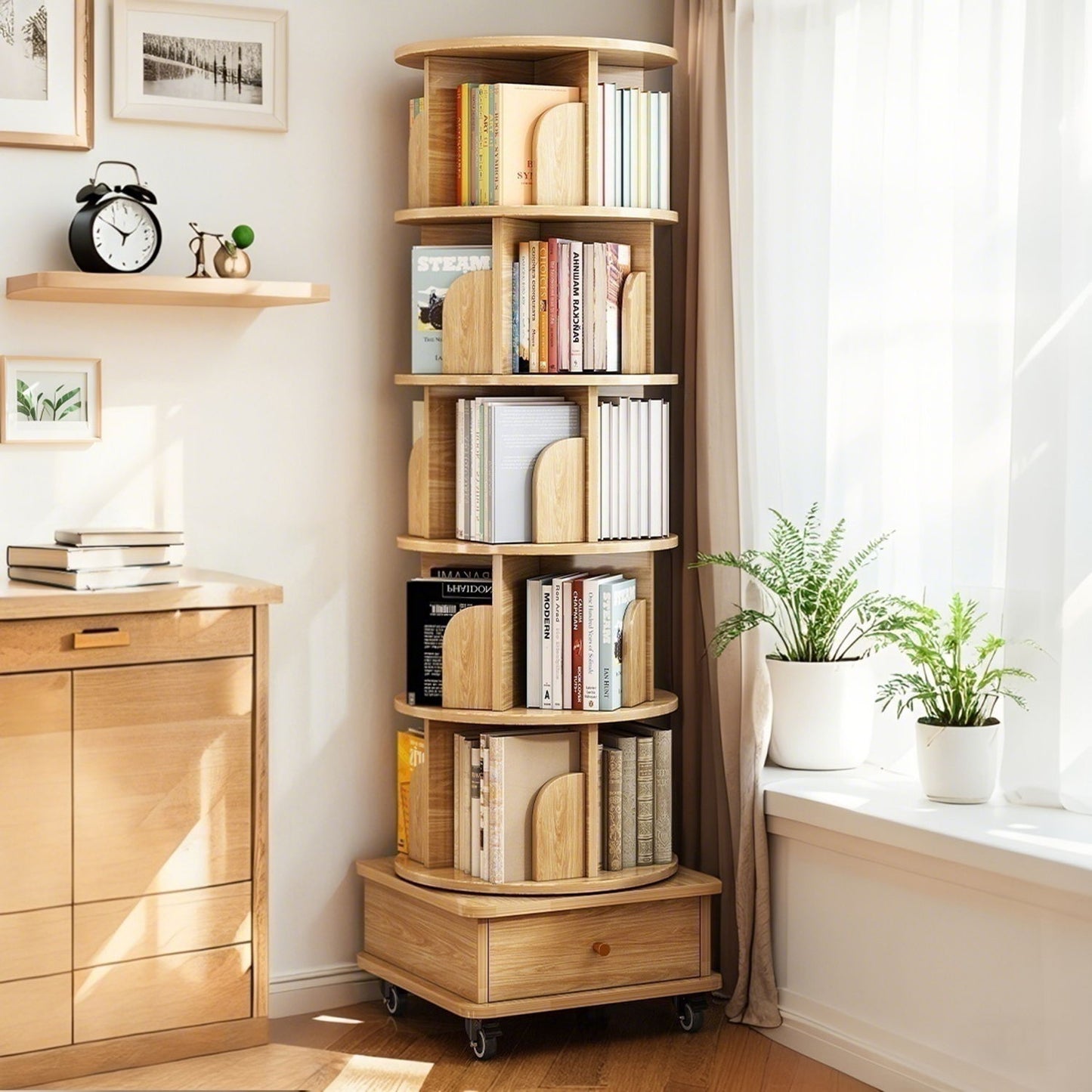 Rotating Bookshelf With Wheels And Drawer, 360° Spinning Design, Space Saving Storage