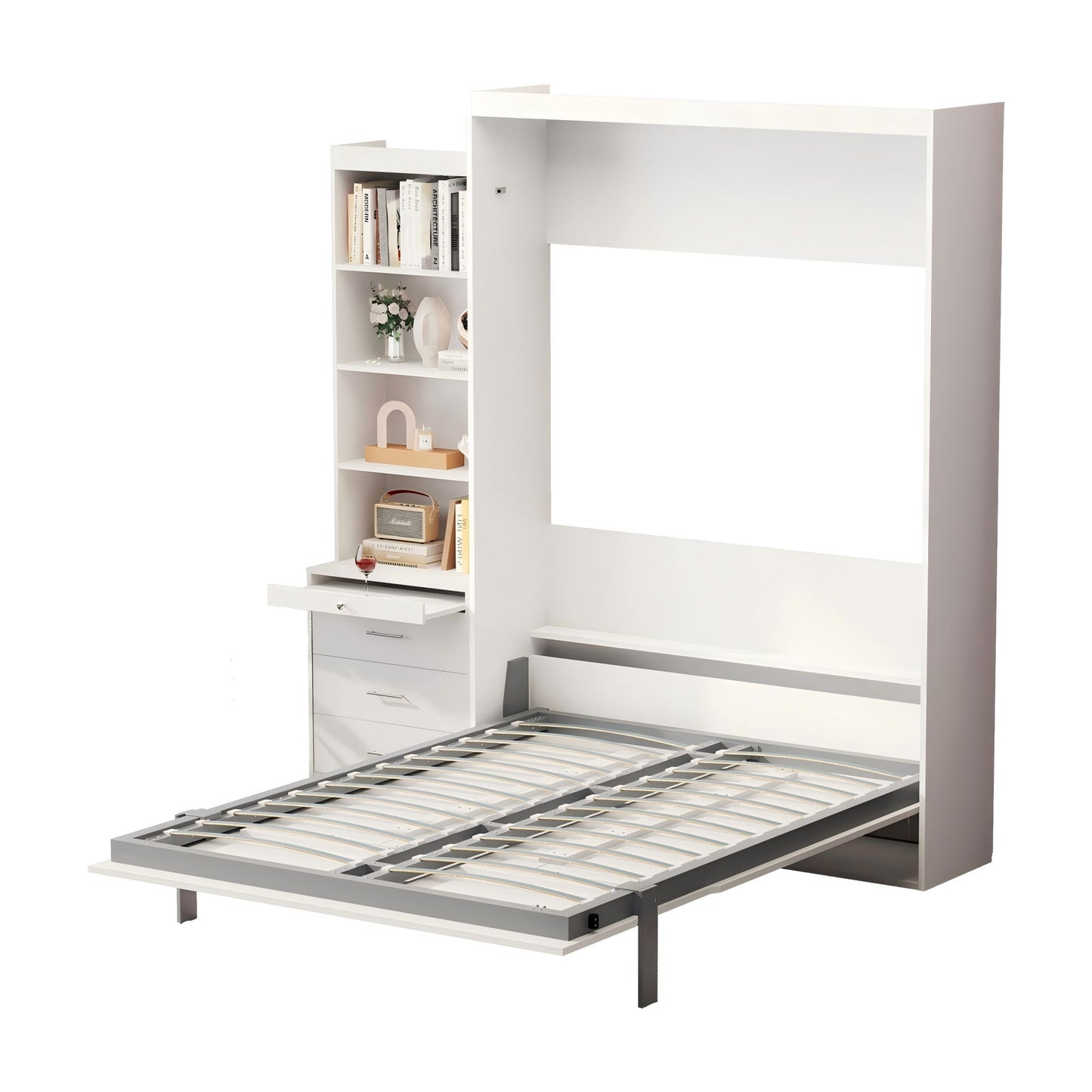 Morden Deisgn Vertical Murphy Bed With Shelf And Drawers For Bedroom Or Guestroom Wall Bed Space Saving Hidden Bed With New Style Gas Struts