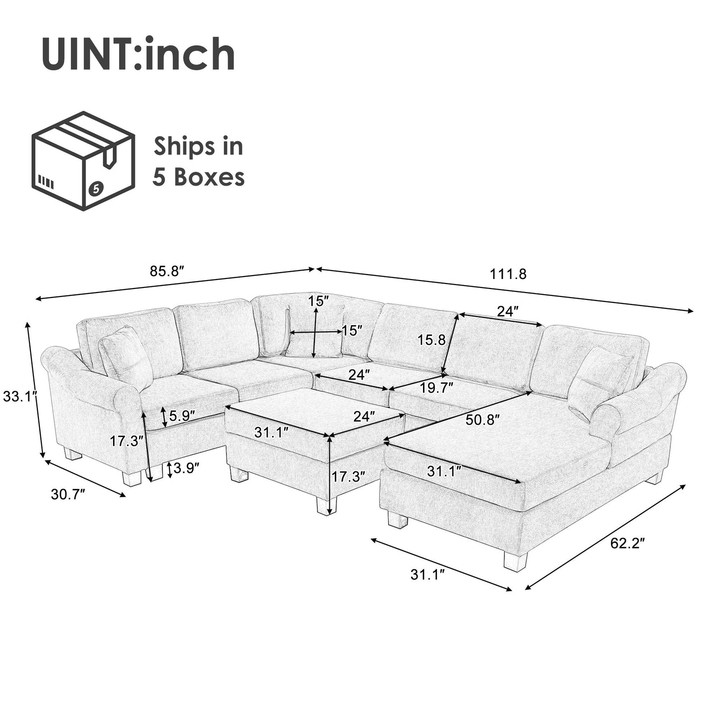 Contemporary U - Shaped Sectional Sofa With Movable Storage Ottoman
