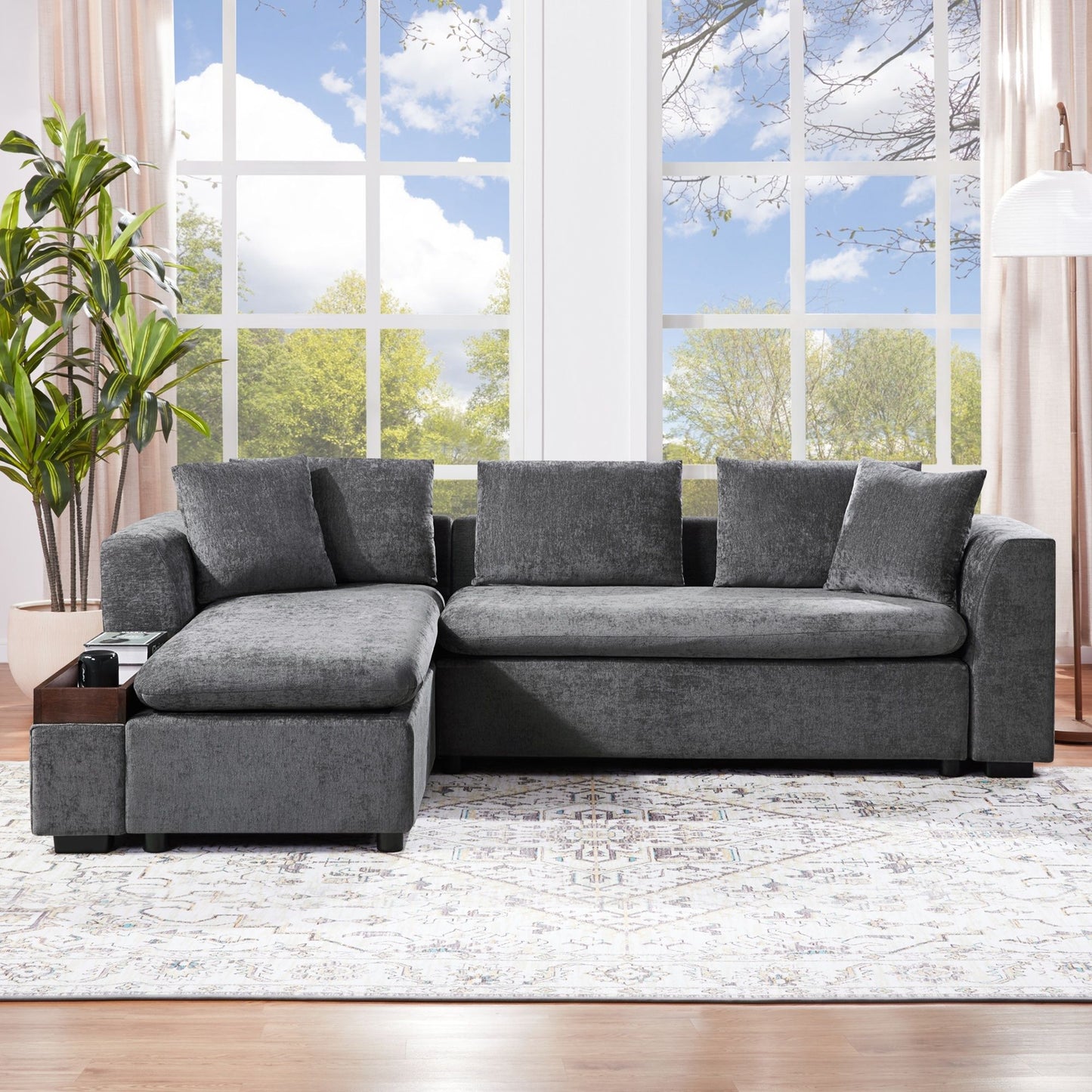 Modern L Shaped Sectional Sofa With Chenille Upholstery And Wooden Storage