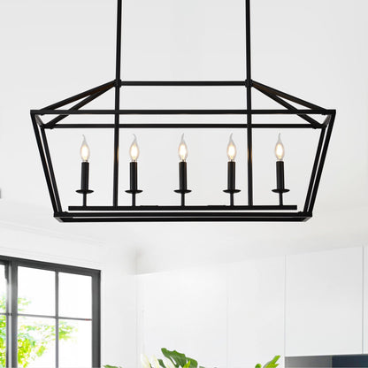 5 Light Farmhouse Kitchen Island Lighting, 5 Light Industrial Linear Chandelier For Dining Room Metal Hanging Pendant Light Fixture For Bedroom Living Room Hallway Conference Room - Matte Black
