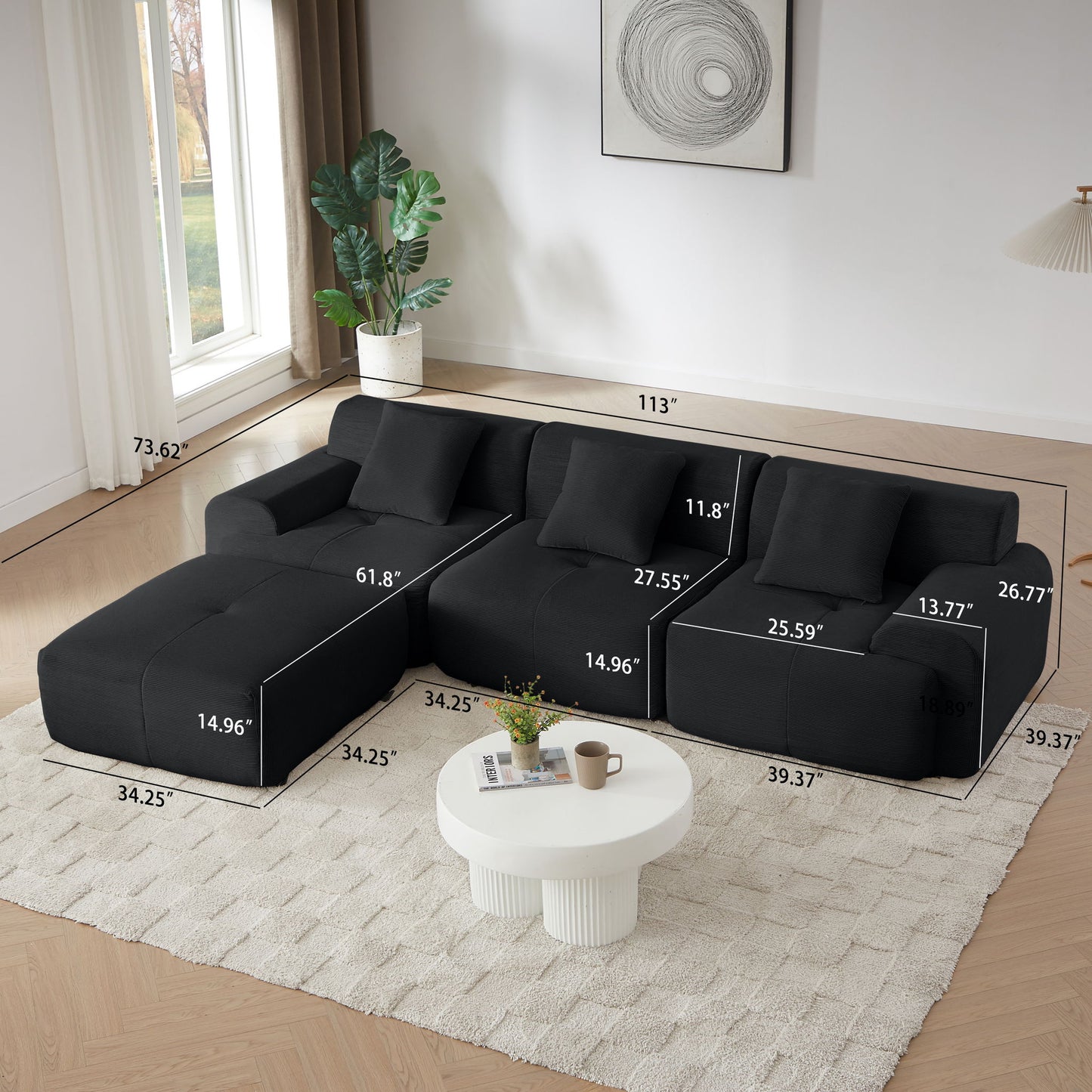 L Shaped Modular Sectional Sofa Corduroy And Movable Ottoman