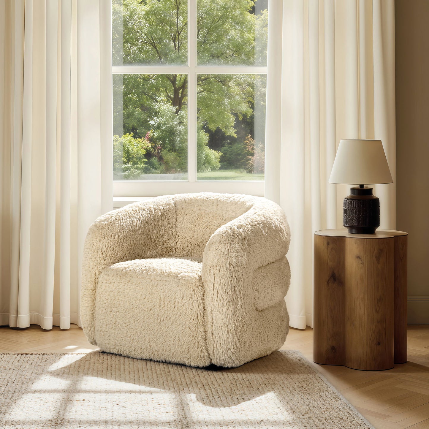 Colt - Fur Swivel Upholstered Barrel Accent Arm Chair - Cream Beige