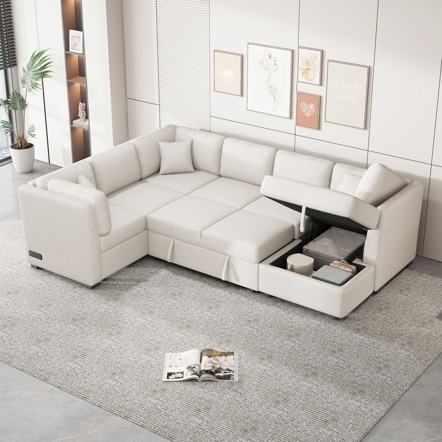 U-Shaped Sectional Sofa Pull Out Sofa Bed With Two USB Ports, Two Power Sockets, Three Back Pillows And A Storage Chaise For Living Room