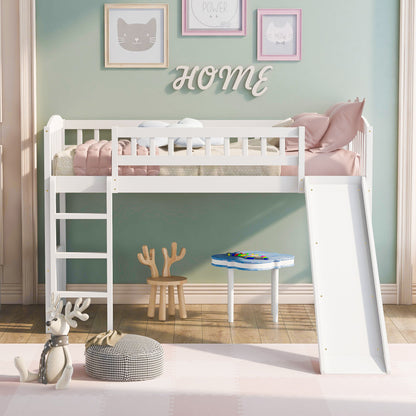 Twin Size Loft Bed With Slide And Ladder - White