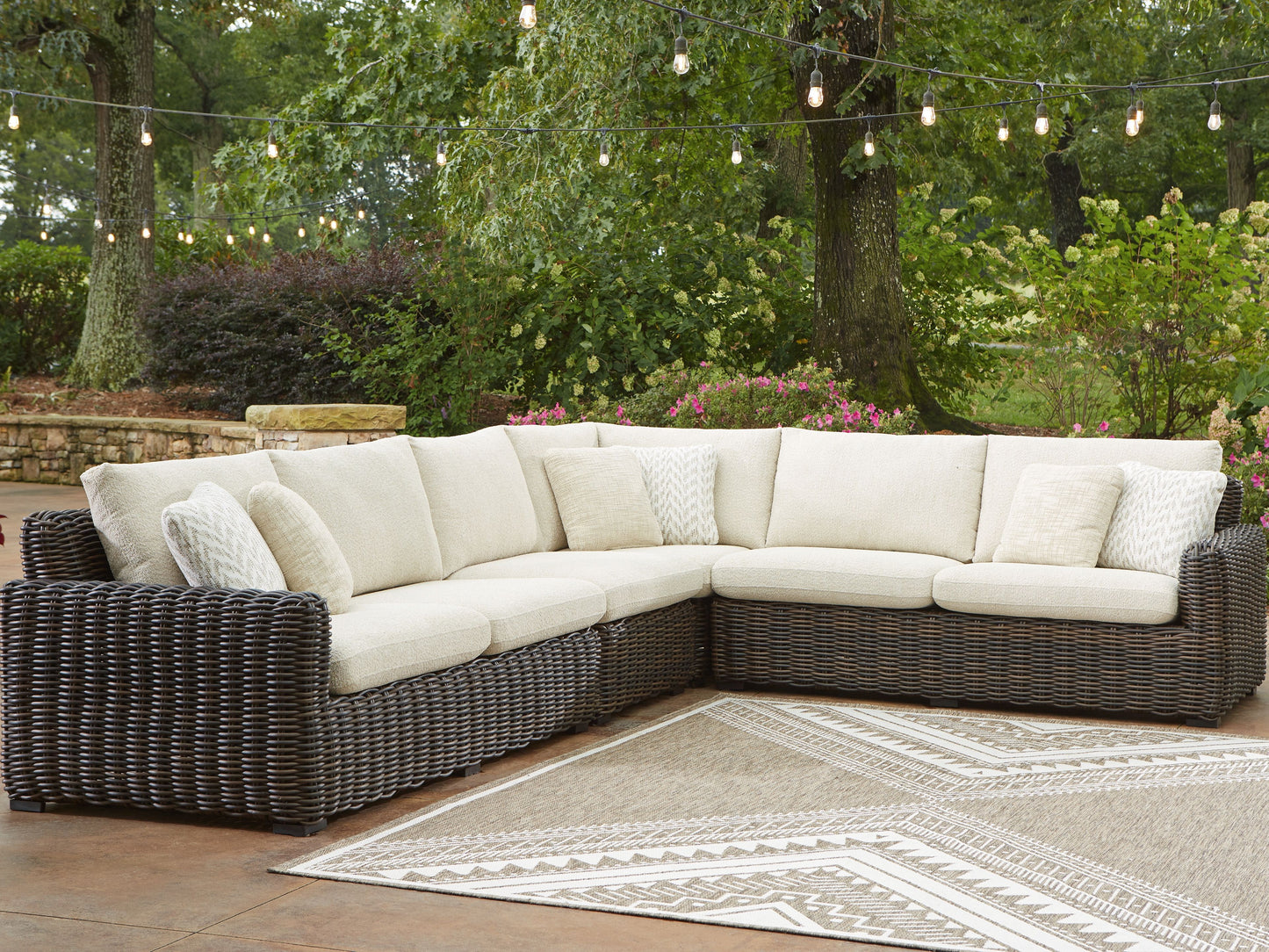 Kimora - 7 Pc. - 4-Piece Outdoor Sectional, Swivel Glider Lounge, Cocktail Table, End Table - Beige / Dark Brown