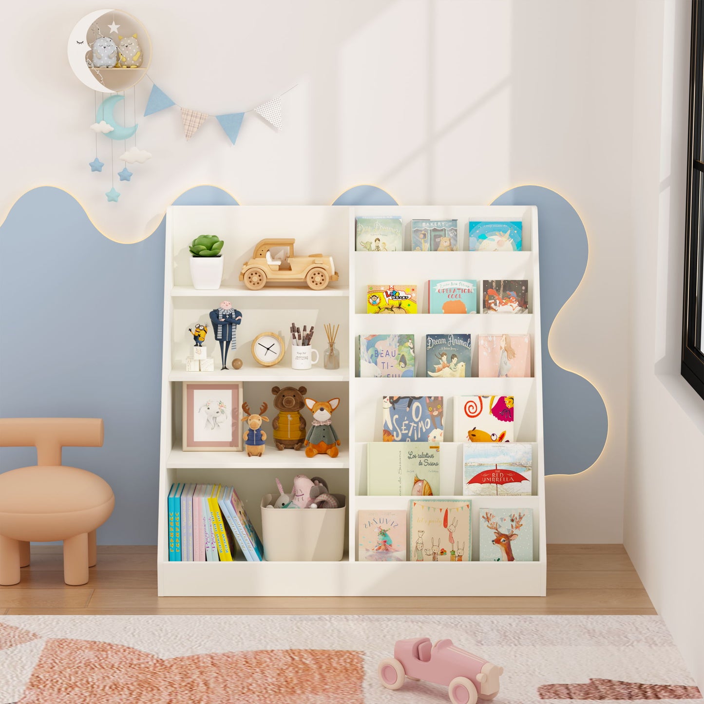 Bookshelf And Toy Storage Organizer, 4 Tier Bookcase With Display Stand For Playroom