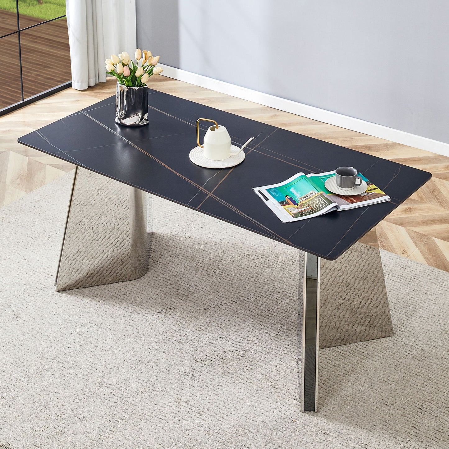 Modern Marble Patterned Dining Table With Stainless Steel Butterfly Legs, Scratch And Heat Resistant - Black / Silver