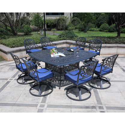 Square 8 Person 64" Long Aluminum Dining Set With Cushions
