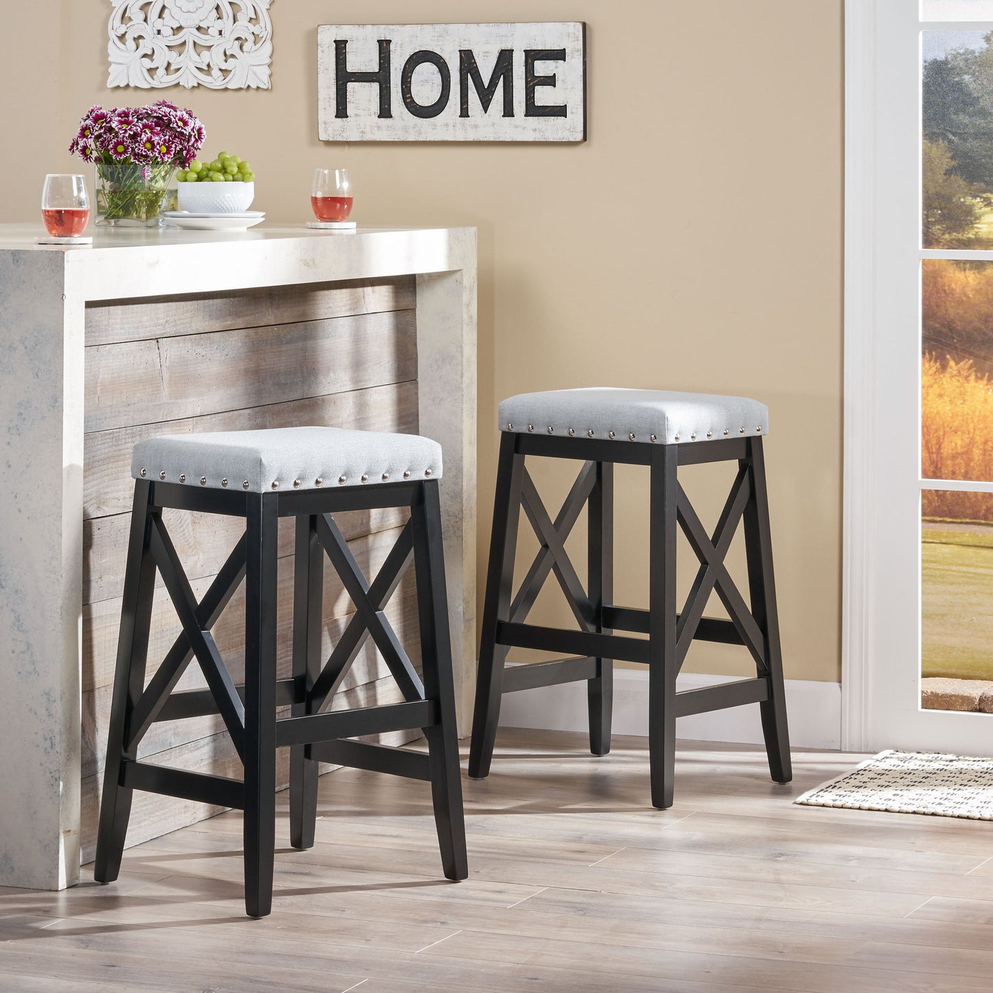 Greely Saddle Barstool Set With Fabric Upholstery - Light Gray