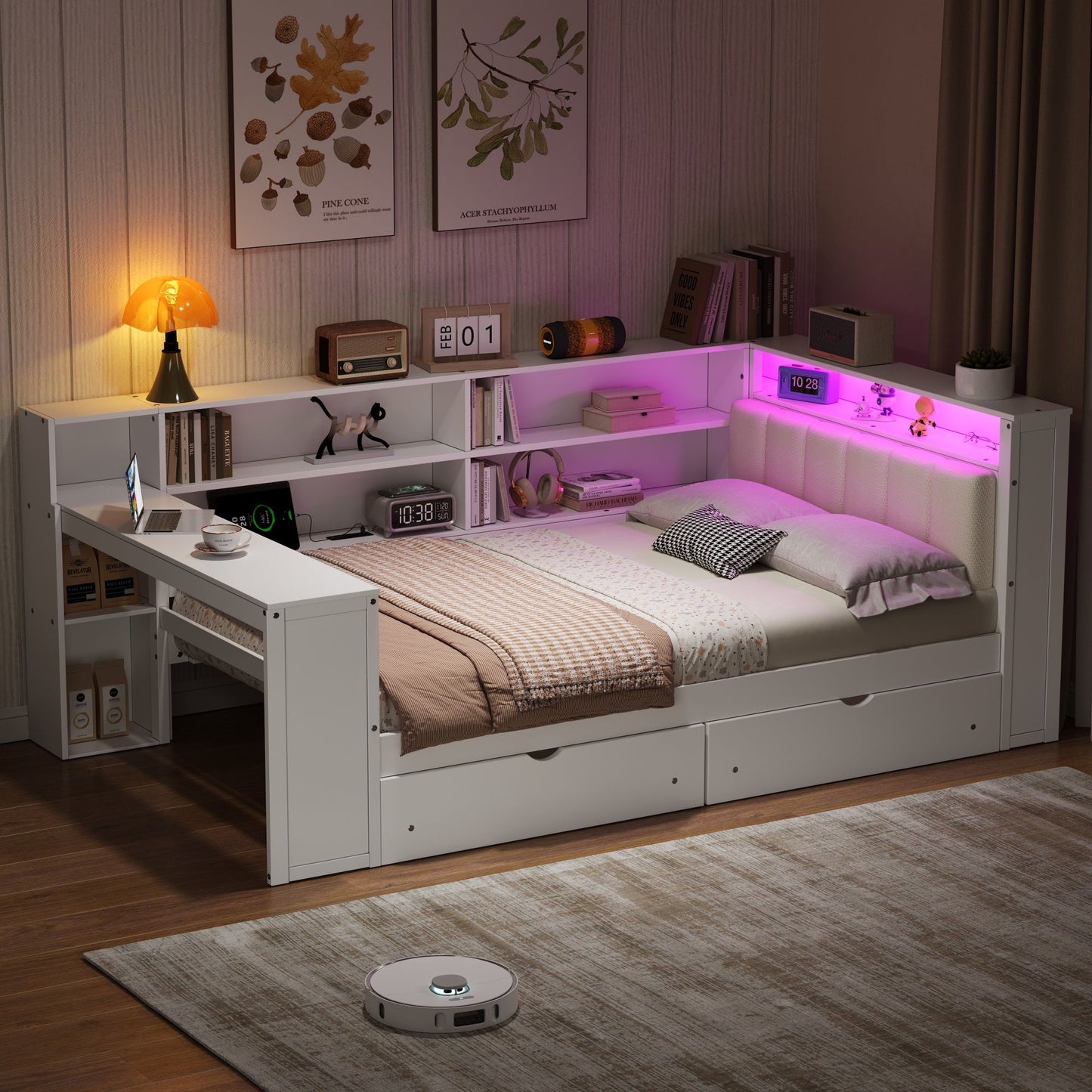 Platform Bed With Storage Shelves, Drawers, Charging Station, LED, Desk