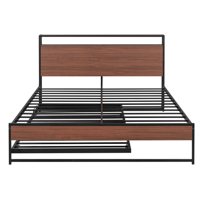 Platform Bed Frame With Trundle, USB Ports And Slat Support, No Box Spring Needed