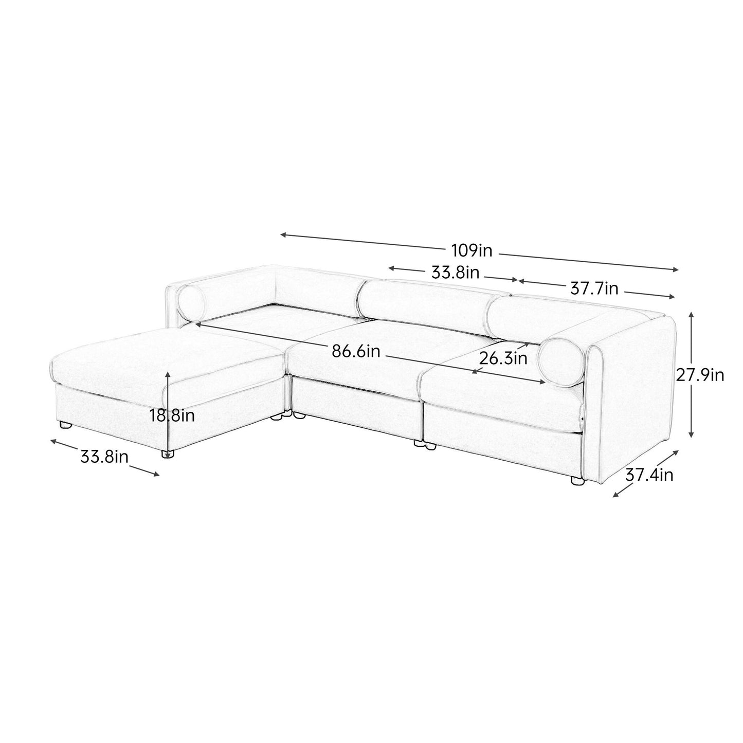 Contemporary Elegant White Chenille Sofa With Storage And Ottoman