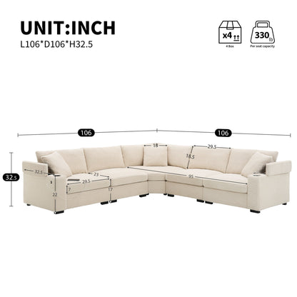 Convertible L Shaped Sectional Corner Couch With Armrest Storage Cup Holders USB Charger, Irregular Corner Oversized Comfy Modular Sofa