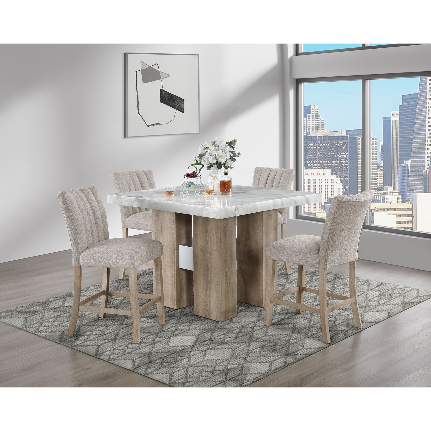 Mikha - Bar Table 5 Piece Set With Upholstered Bar Stools - Beige / Natural