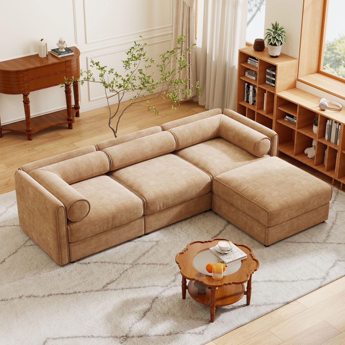 Contemporary Elegant White Chenille Sofa With Storage And Ottoman