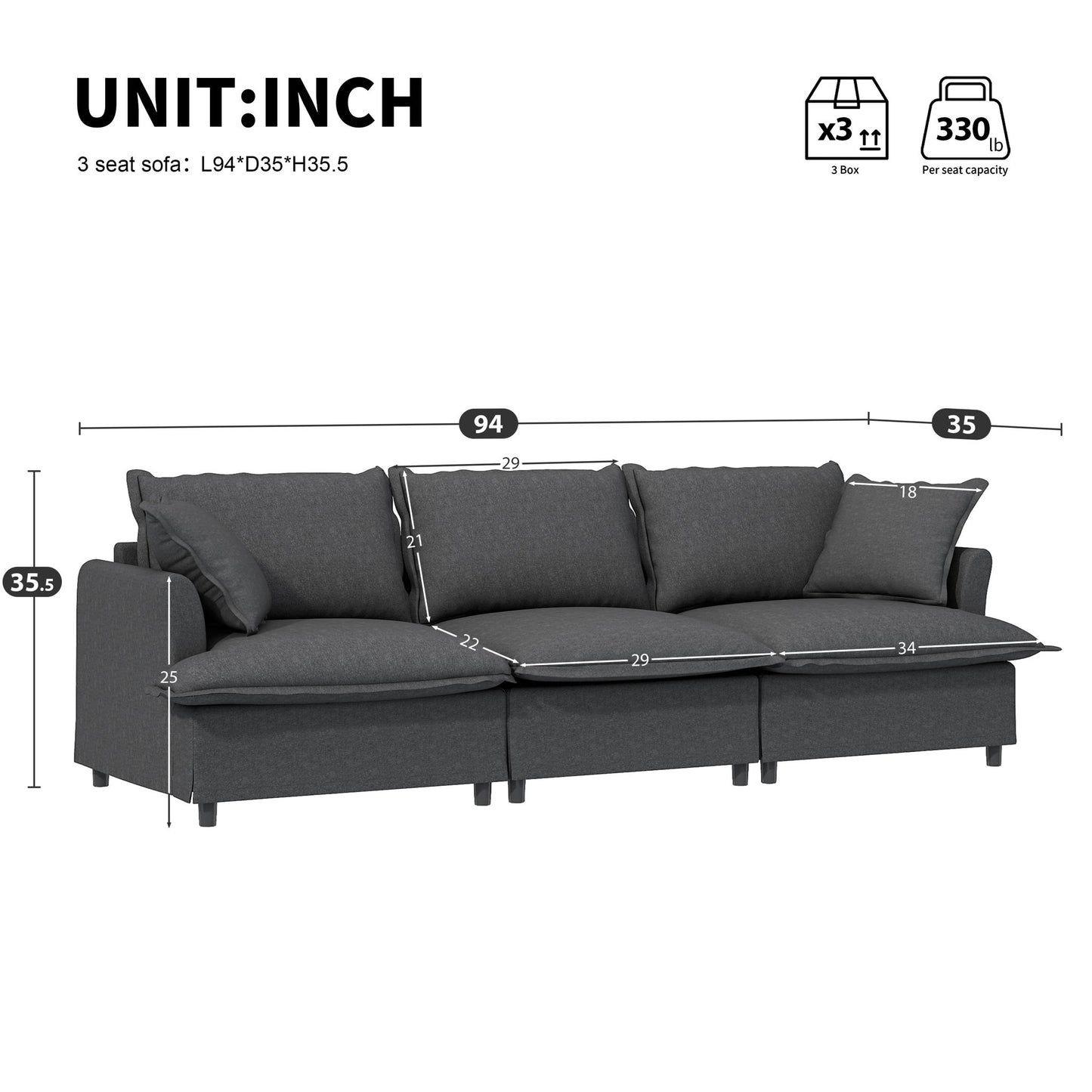 3 Seat Sofa Module For Modular Sectional Wide Seat Cloud Couch With Throw Pillows Upholstered