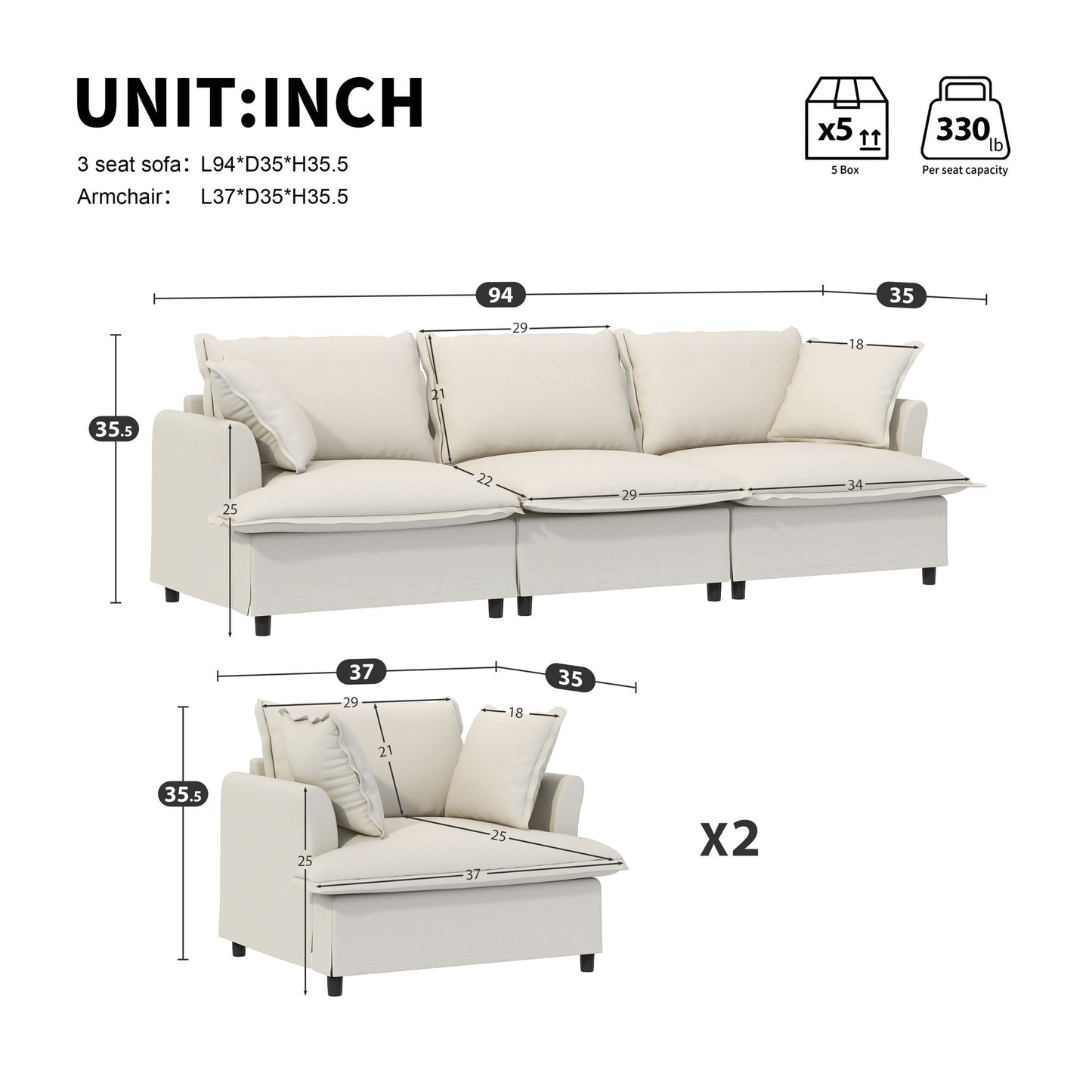 Living Room Set Modular Sectional Couch, Upholstered Sofa & Armchair & Movable Ottoman