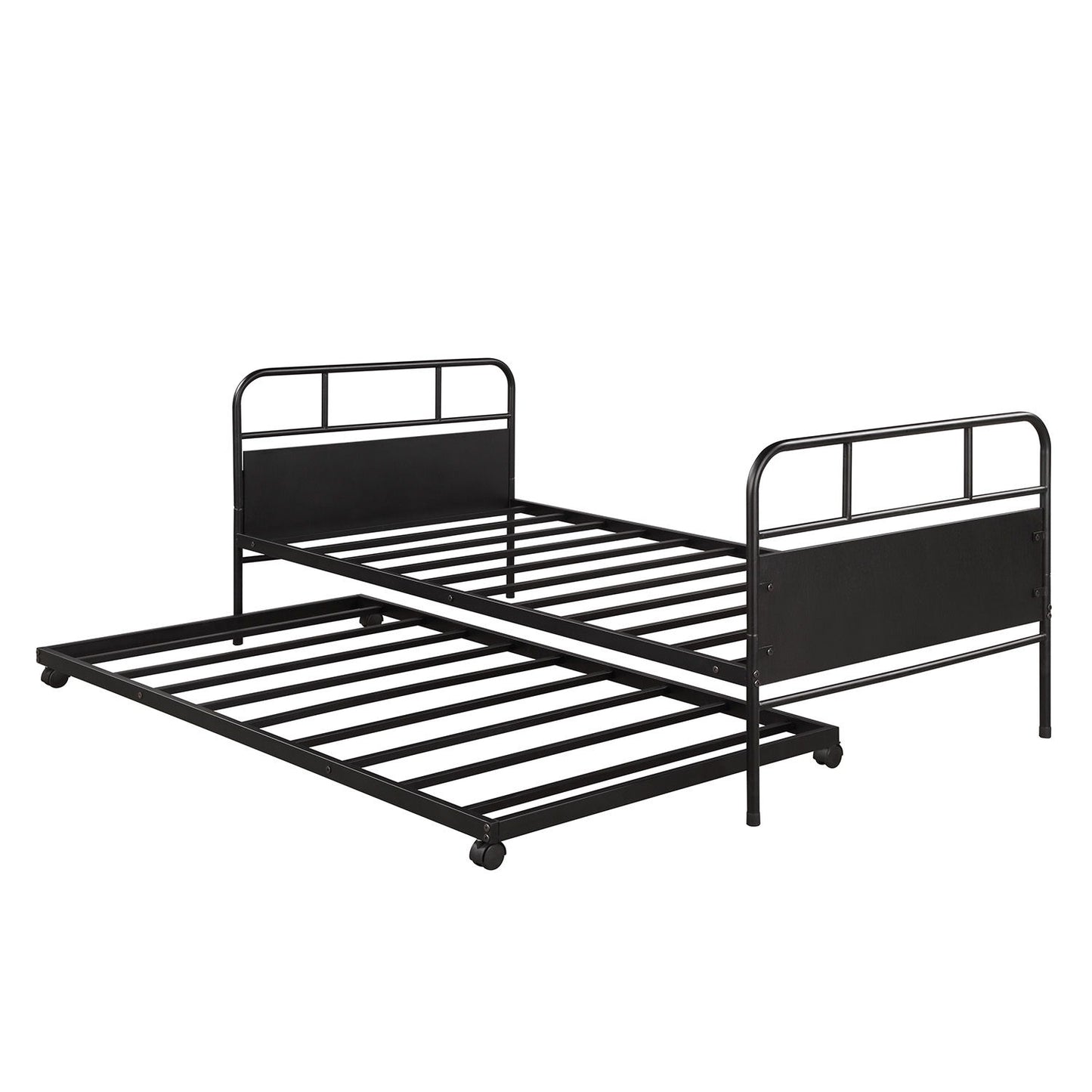Twin Size Daybed Platform Bed Frame With Trundle Built In Casters - Black