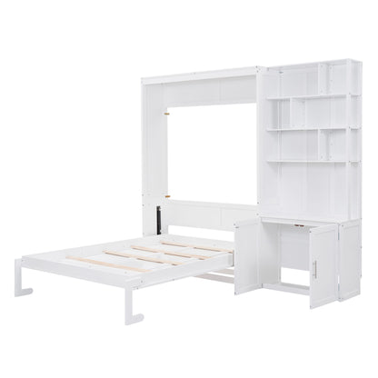 Full Size Murphy Bed With Multiple Storage Shelves And A Cabinet - White