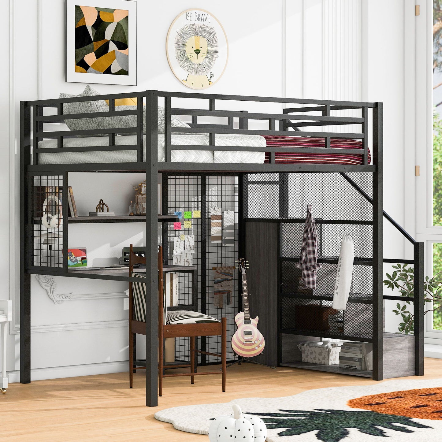 Full Size Metal Loft Bed With Wardrobe, Desk, Storage Shelves - Black