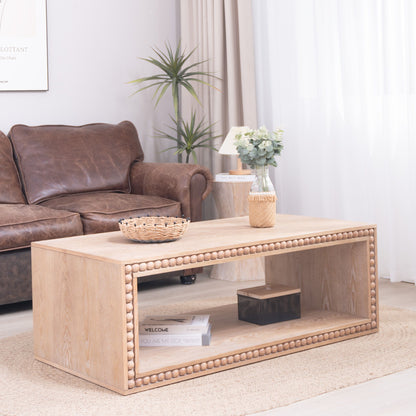 Beaded Edge Coffee Table, Rectangular Center Table With Open Storage Shelf - Antique Natural / Light Natural / Natural