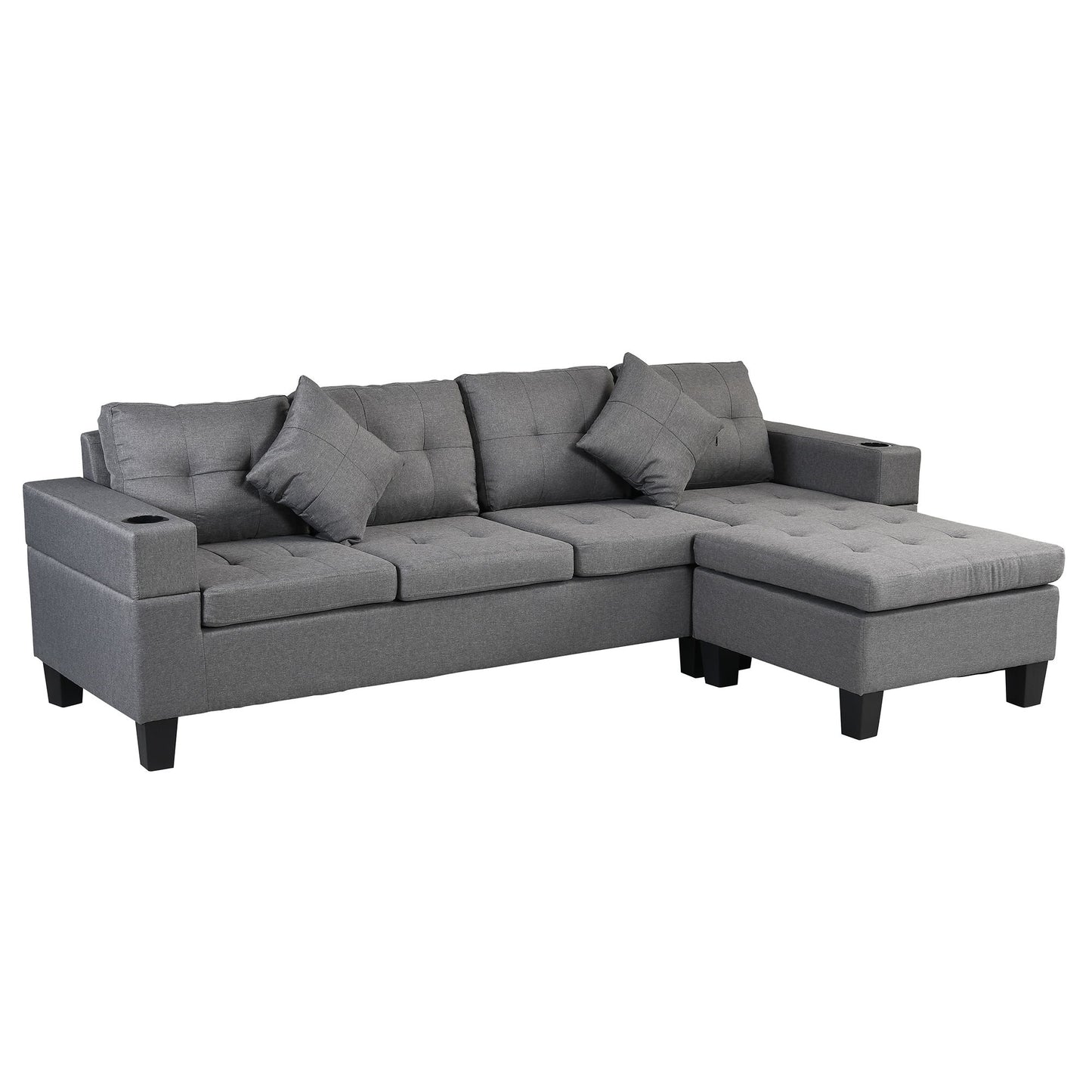 Modern Sectional Sofa Set With L Shape Chaise Lounge, Cup Holder, 4 Seat - Gray