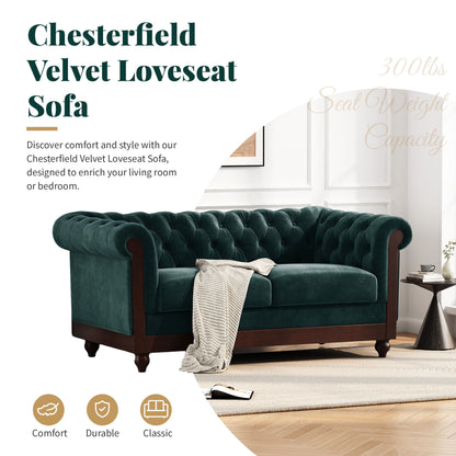 Chesterfield Velvet Loveseat Sofa, 2 Person Rolled Arm Upholstered Couch