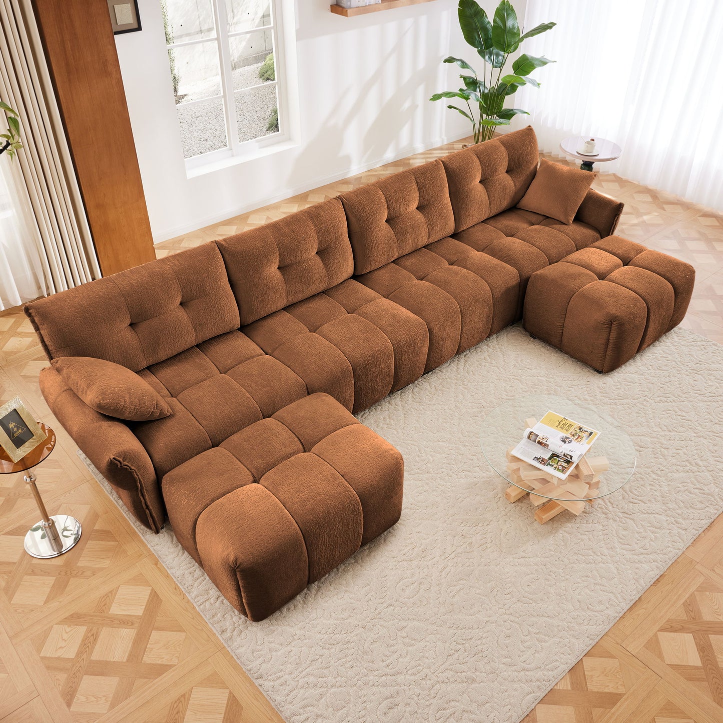 Sofa Set With Ottoman And Pillows, Textured, High Resilience Cushions