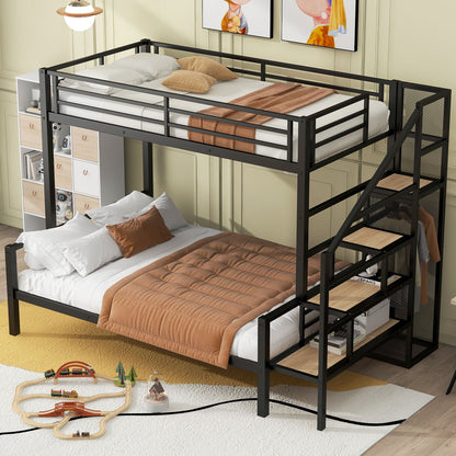 Twin Over Full Bunk Bed With Storage Staircase And Open Wardrobe - Black