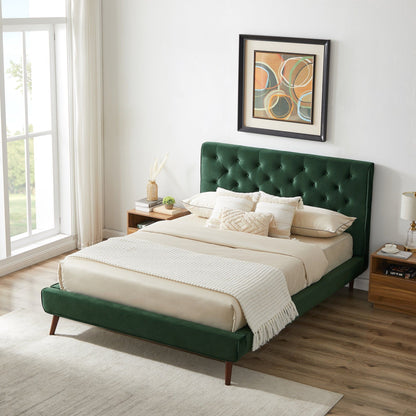 Dillon - Velvet Platform Bed Queen Size - Green