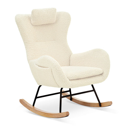 Rocking Chair Nursery, Teddy Upholstered Rocker Glider Chair With High Backrest, Adjustable Headrest & Pocket, Comfy Glider Chair For Nursery, Bedroom, Living Room, Offices, Rubber Wood - Beige