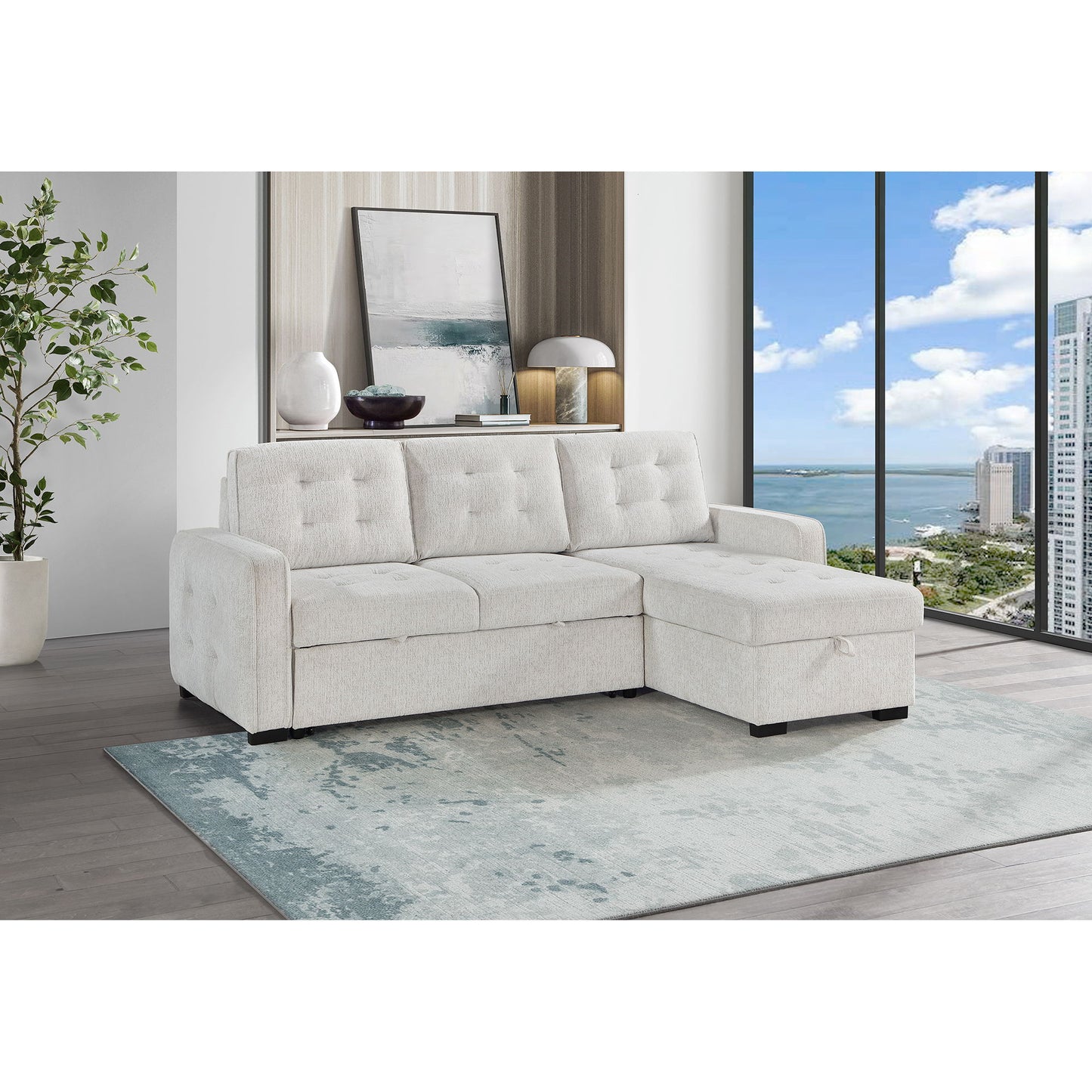 Gustavo - Sofa, Pull Out Bed, Storage Chaise, USB And Cup Holders - Beige