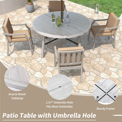 Outdoor Wooden Dinning Set With An Umbrella Hole And Removable Cushions For Patio