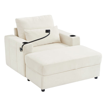 Modern Style Armchair Chaise Lounge Sofa Couch With Movable Storage Ottoman, USB Ports, Cup Holders, Phone Holder, Side Pockets