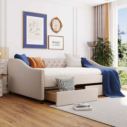 Upholstered Daybed With Two Drawers, Wood Slat Support