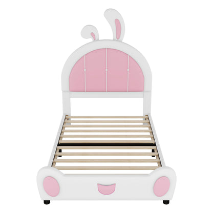 Twin Size Upholstered Platform Bed With Rabbit Shaped Headboard - White / Pink